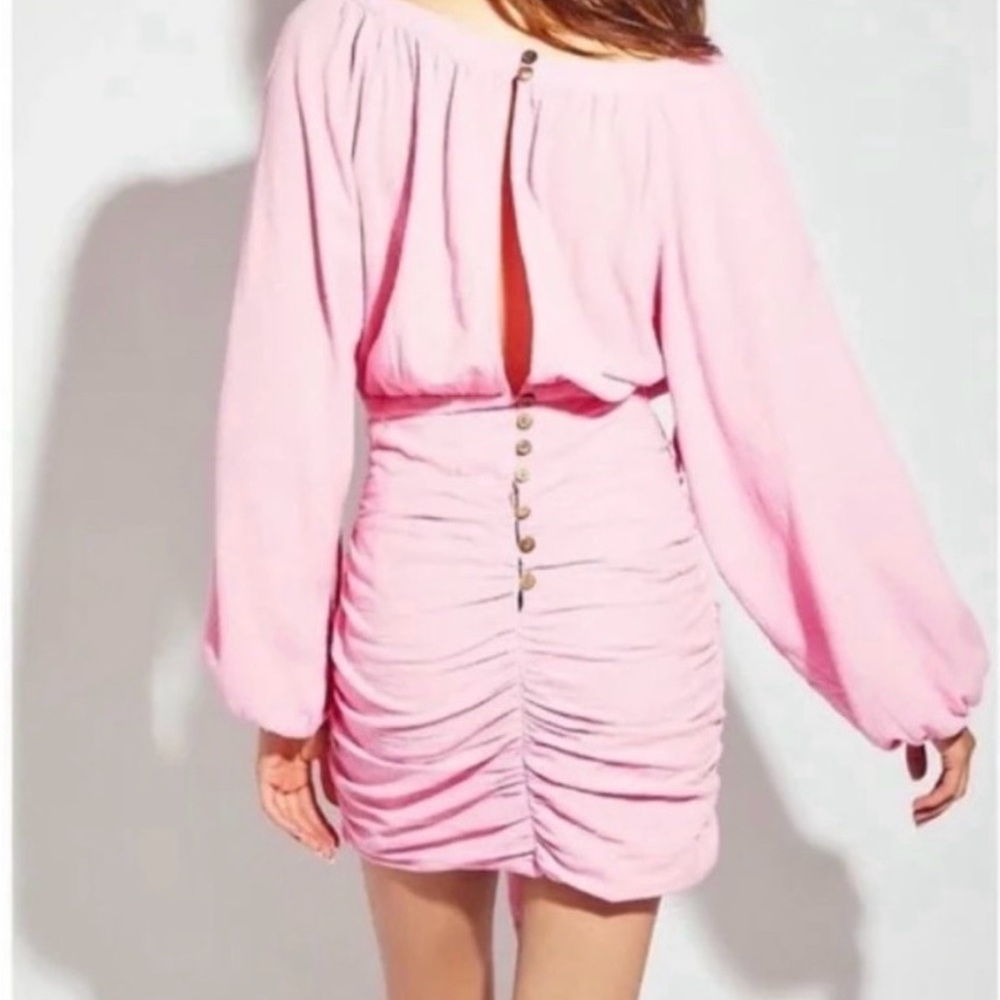 Free People Ruched Pink Button-Back Mini Dress Tie at Waist XS